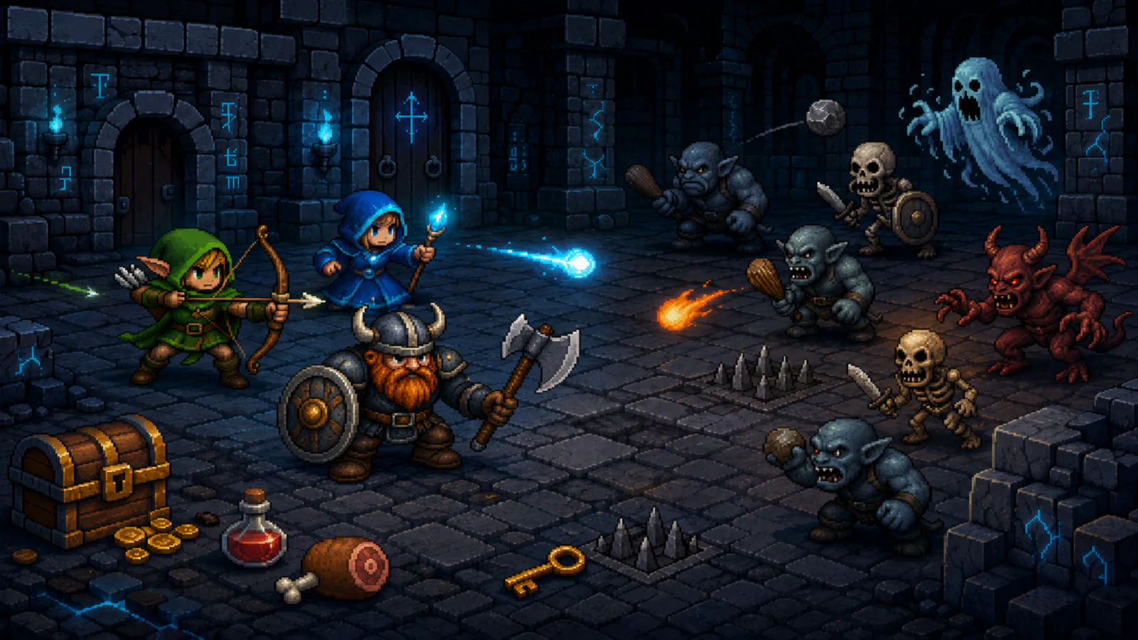 Bohaterowie Dungeons Level Up walczący z przeciwnikami w pikselowym lochu